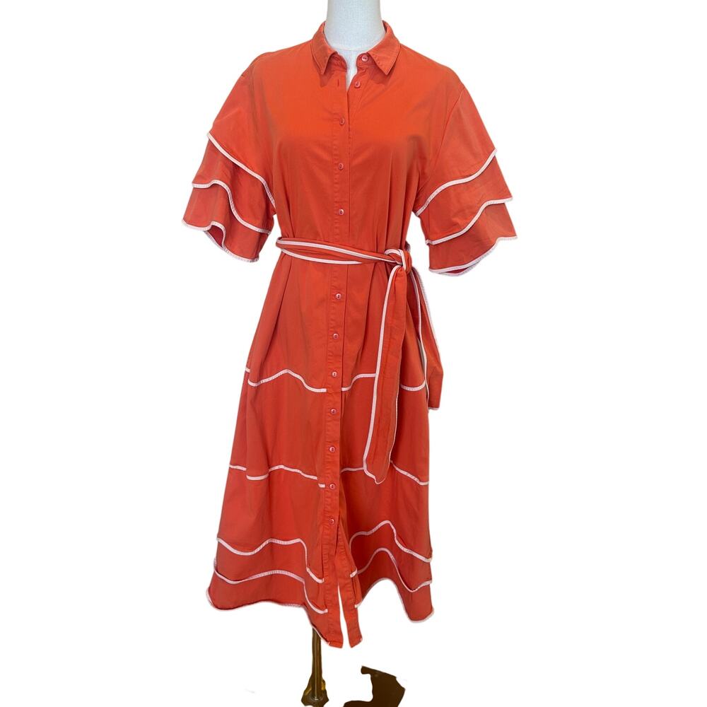 Alexis Orange Midi Shirt Dress XL Bright Feminine Career Fit flare Designer $575 - Picture 8 of 13